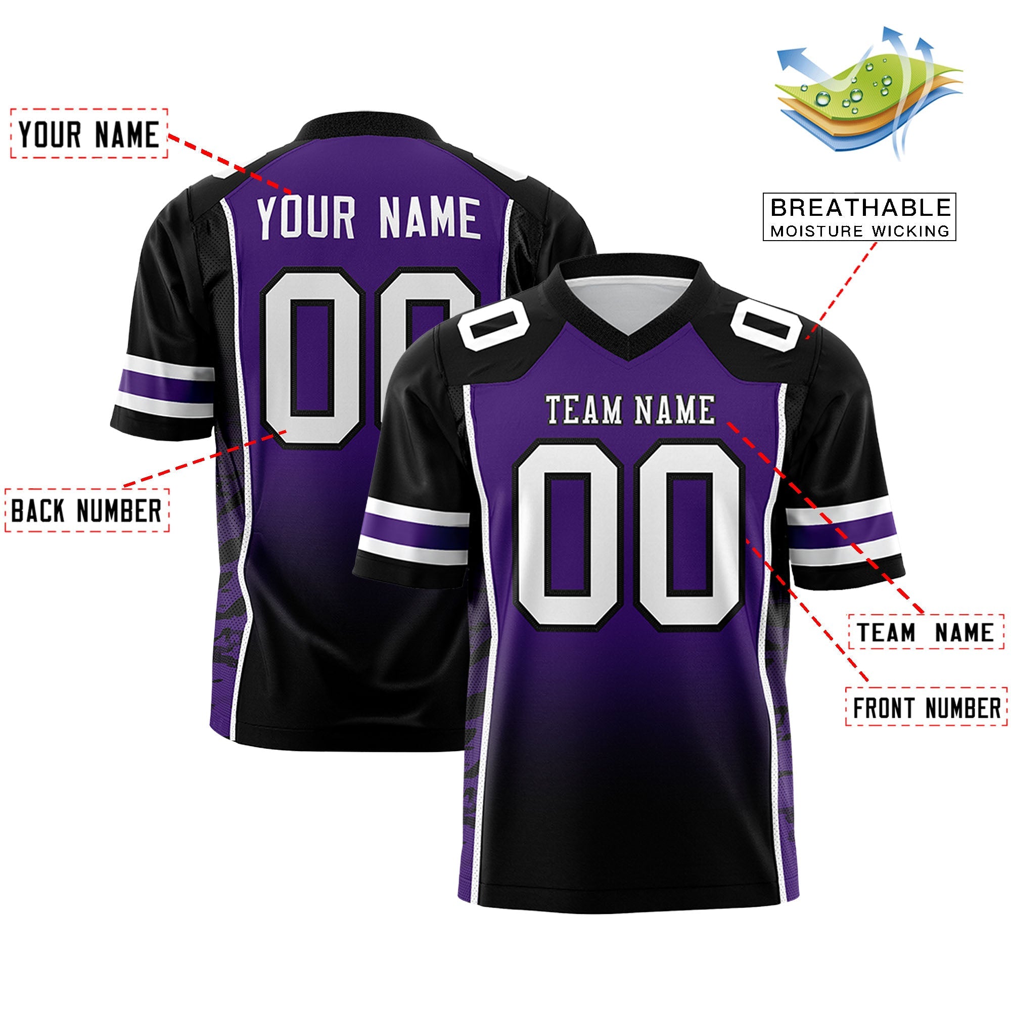 Custom Purple Black Gradient Personalized Side Pattern Authentic Football Jersey