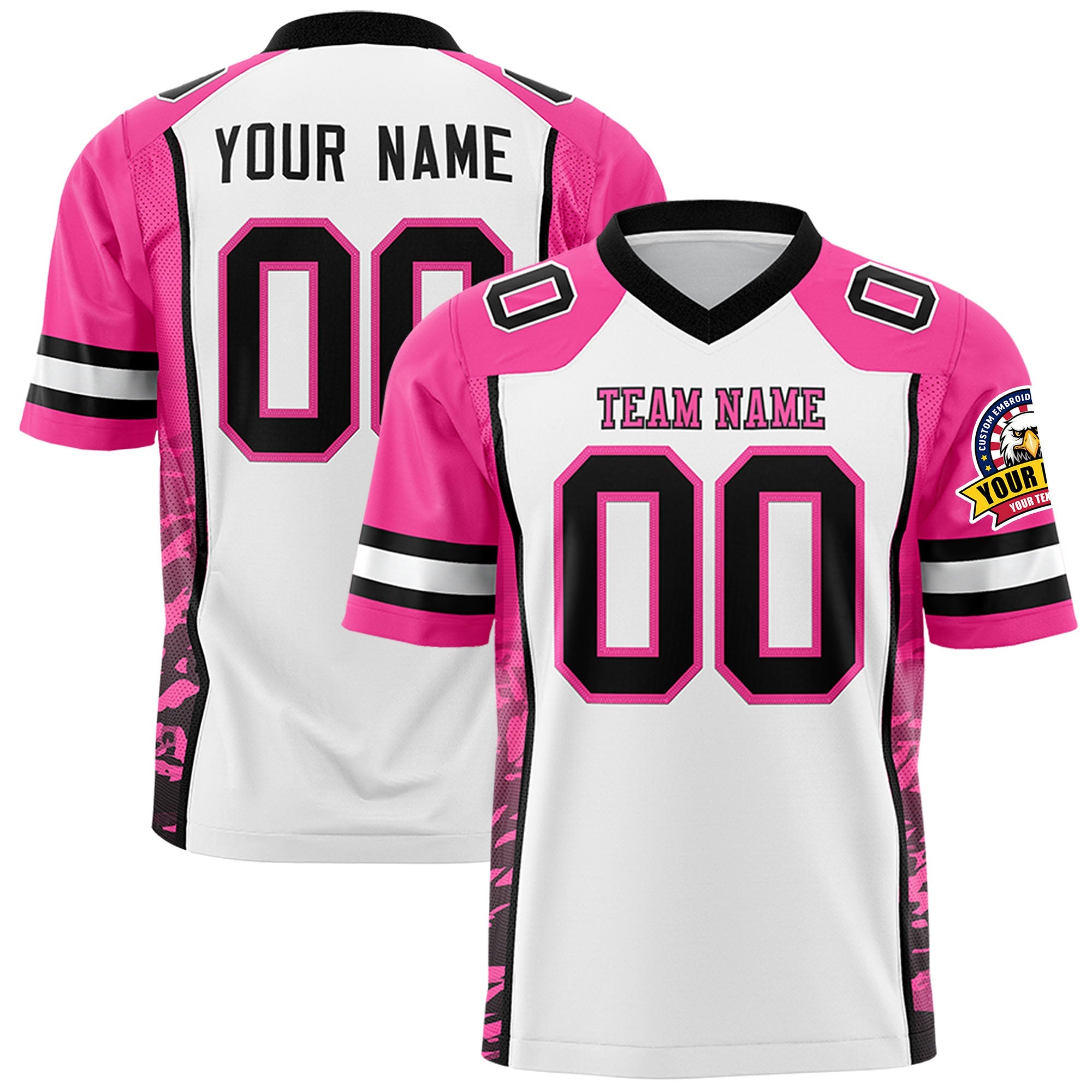 Custom White Pink-Black Raglan Sleeves Personalized Side Pattern Authentic Football Jersey