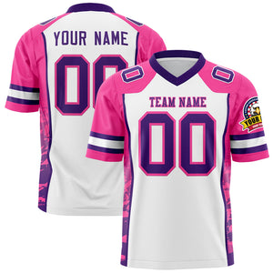 Custom White Pink-Purple Raglan Sleeves Personalized Side Pattern Authentic Football Jersey