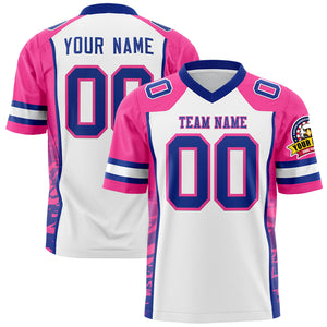 Custom White Pink-Royal Raglan Sleeves Personalized Side Pattern Authentic Football Jersey