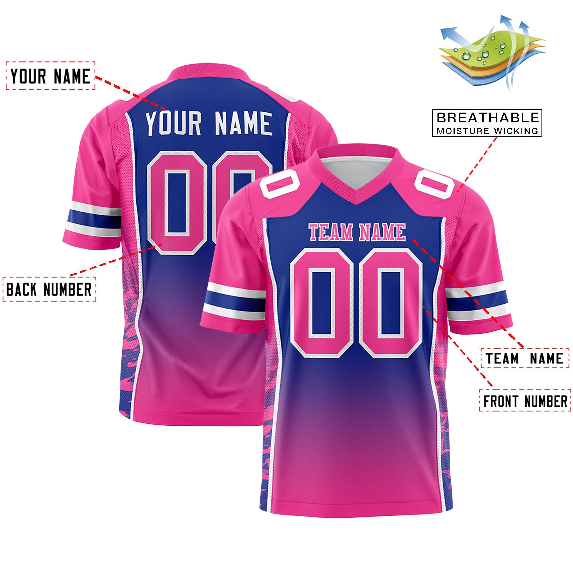 Custom Royal Pink Gradient Personalized Side Pattern Authentic Football Jersey