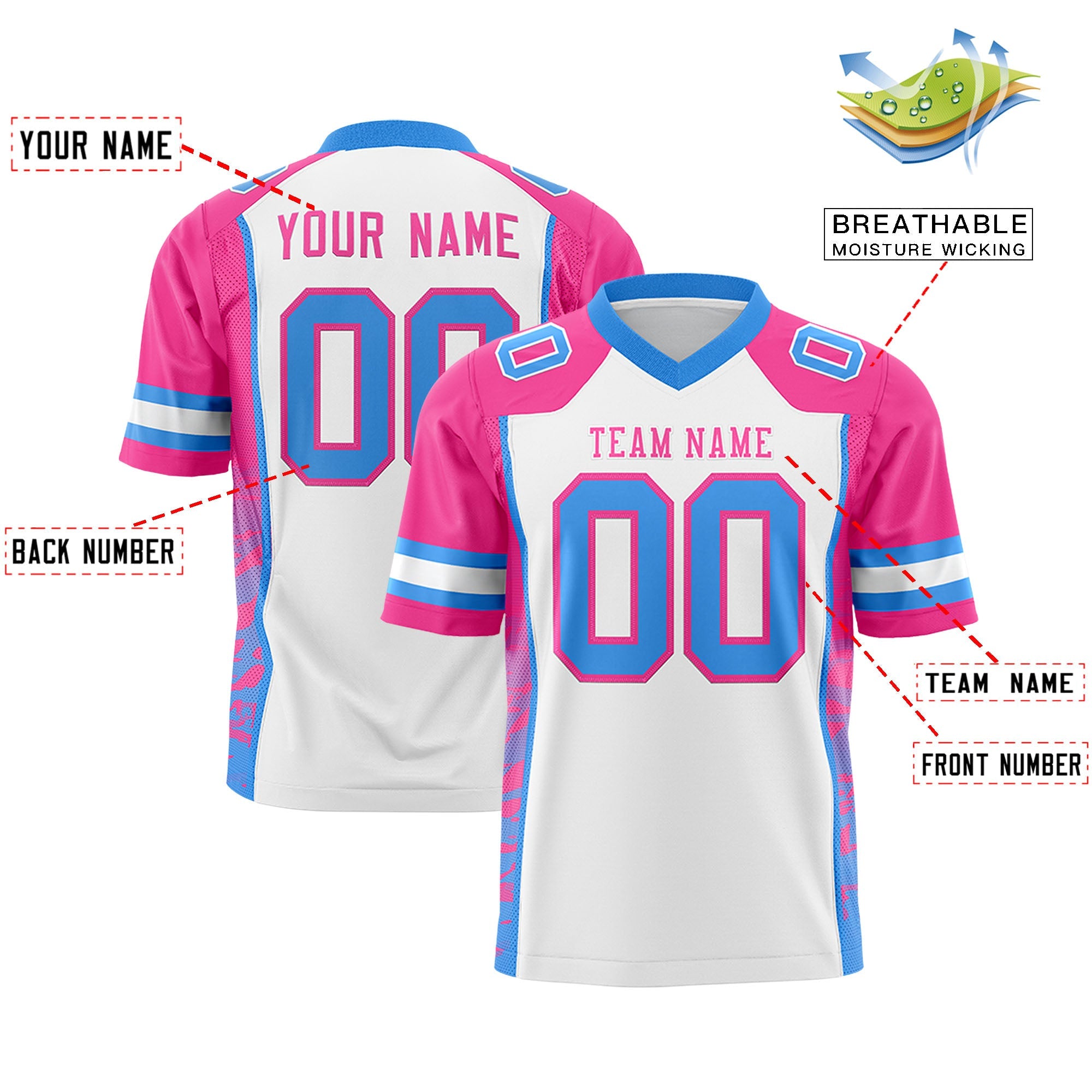 Custom White Pink-Powder Blue Raglan Sleeves Personalized Side Pattern Authentic Football Jersey