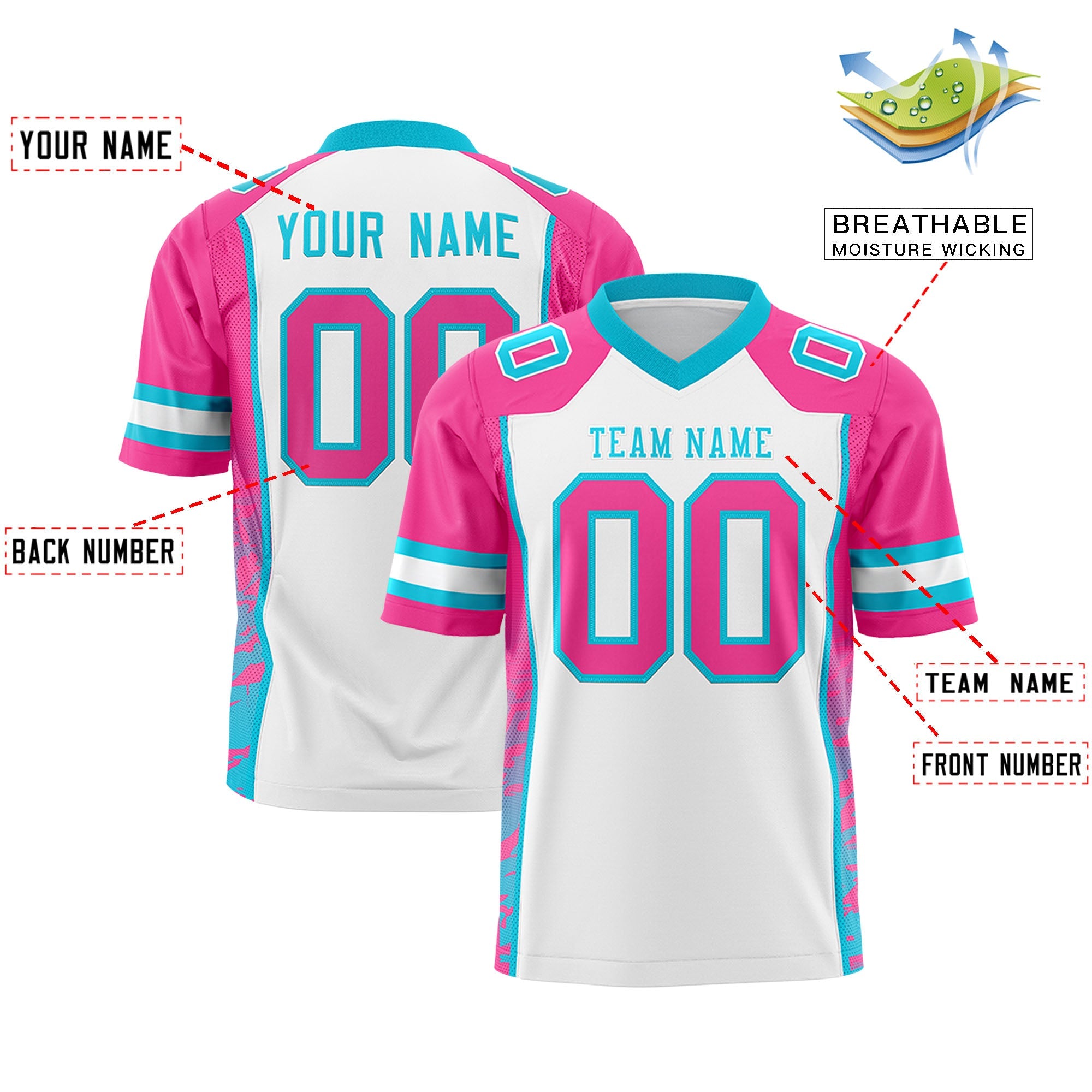 Custom White Pink-Sky Blue Raglan Sleeves Personalized Side Pattern Authentic Football Jersey