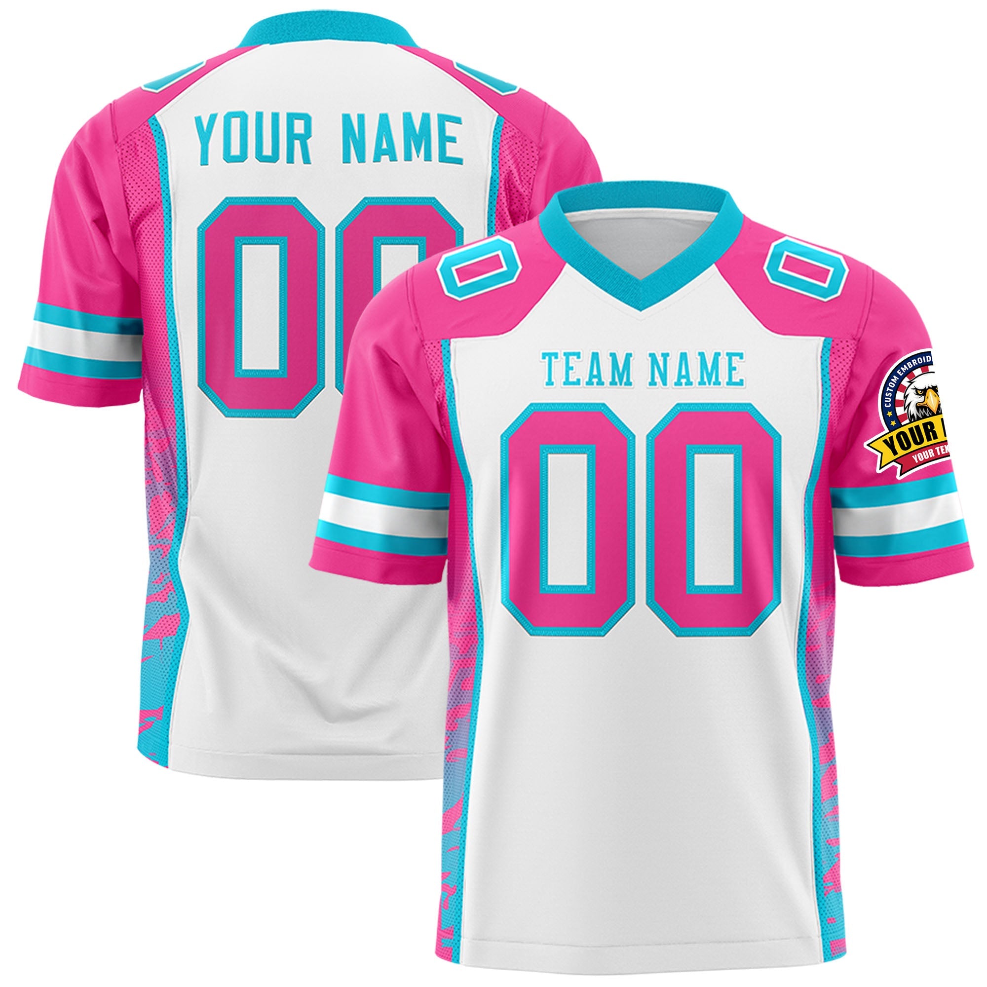 Custom White Pink-Sky Blue Raglan Sleeves Personalized Side Pattern Authentic Football Jersey