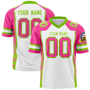 Custom White Pink-Neon Green Raglan Sleeves Personalized Side Pattern Authentic Football Jersey