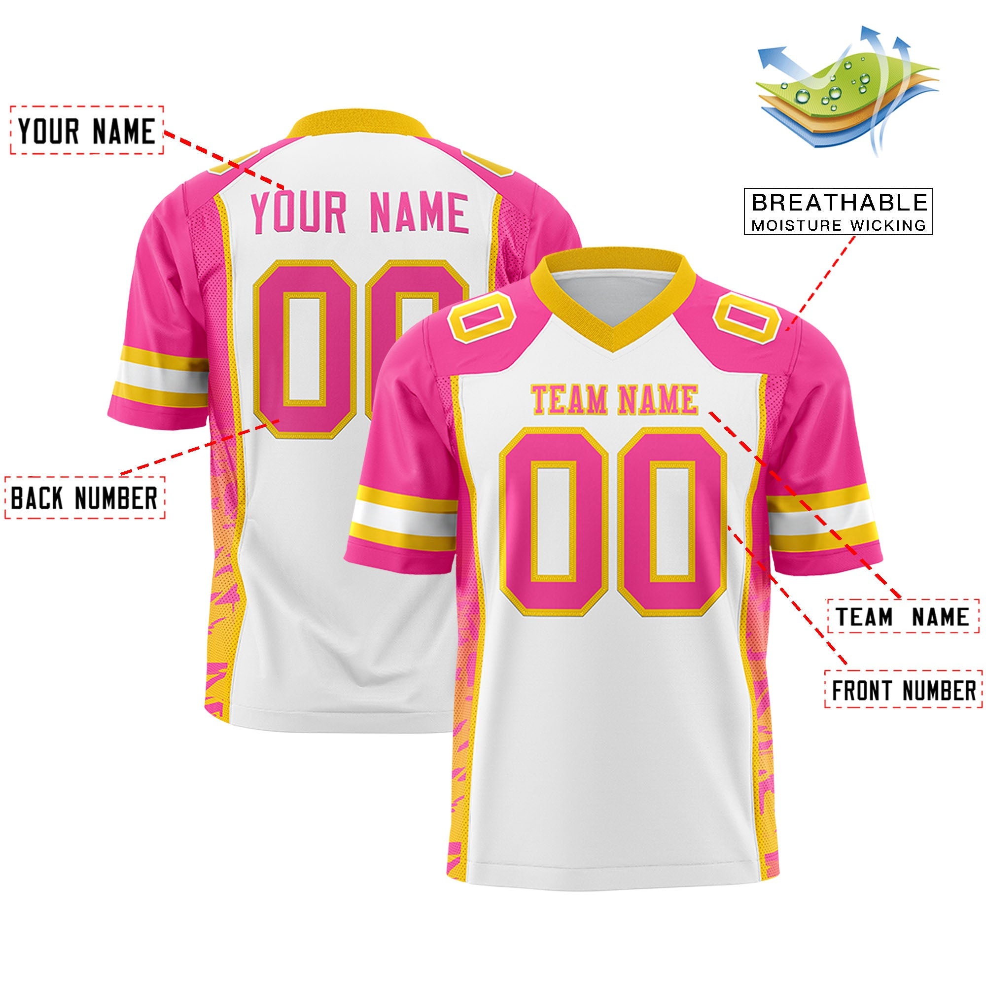 Custom White Pink-Gold Raglan Sleeves Personalized Side Pattern Authentic Football Jersey