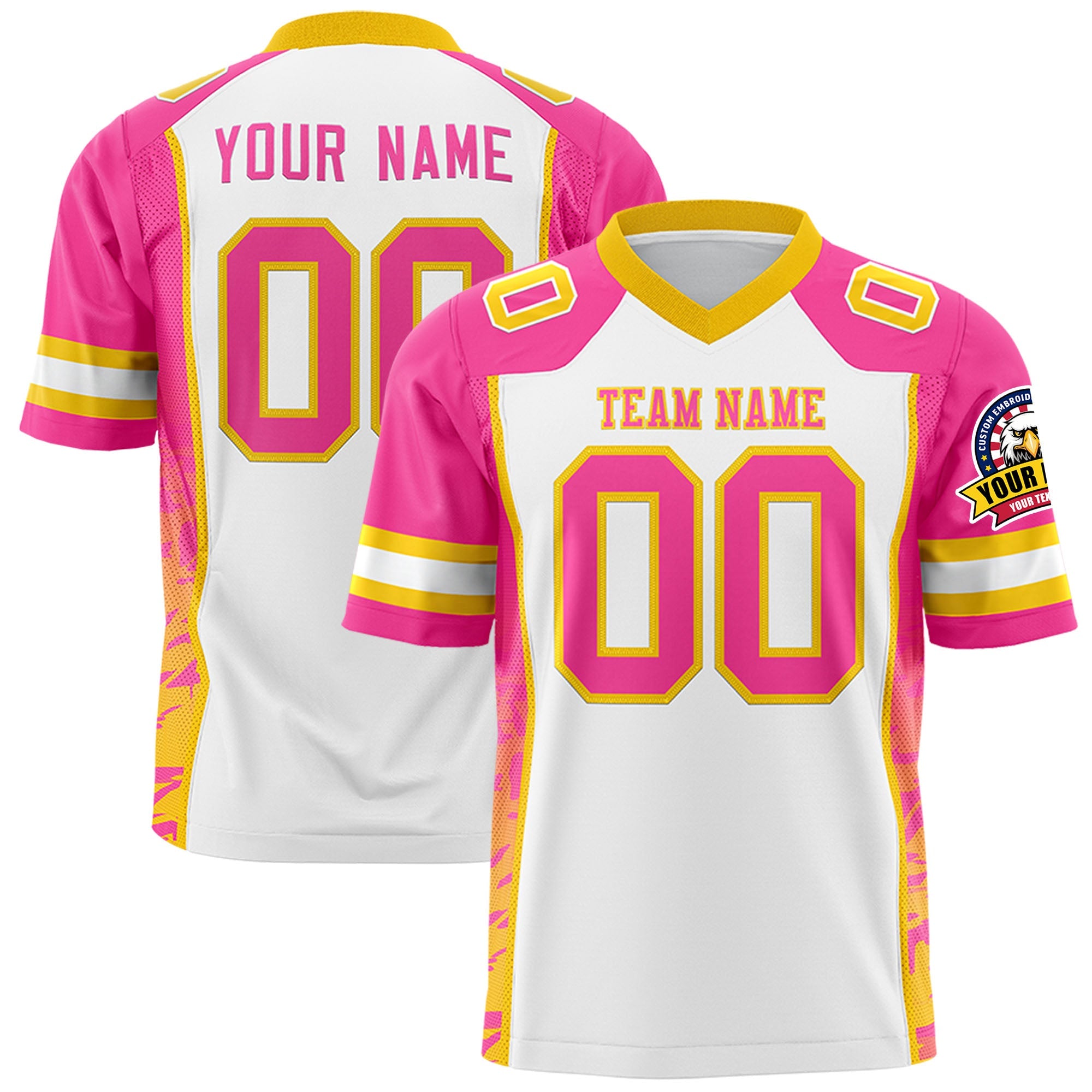 Custom White Pink-Gold Raglan Sleeves Personalized Side Pattern Authentic Football Jersey