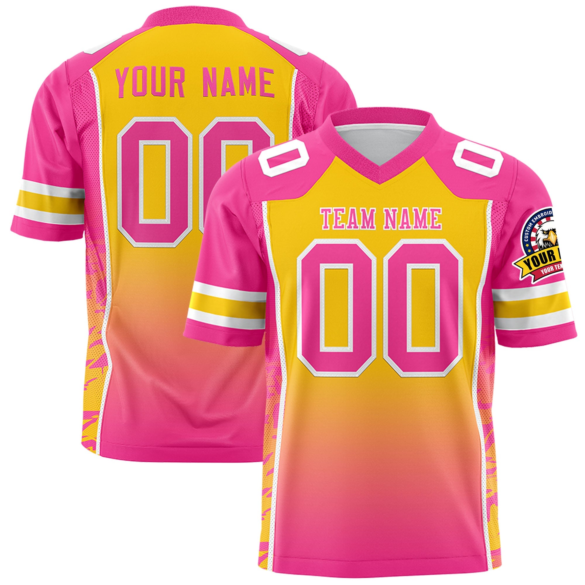 Custom Gold Pink Gradient Personalized Side Pattern Authentic Football Jersey