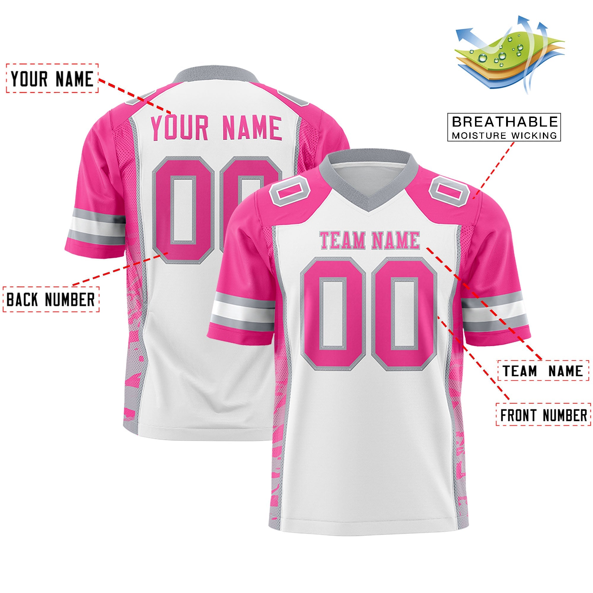 Custom White Pink-Gray Raglan Sleeves Personalized Side Pattern Authentic Football Jersey