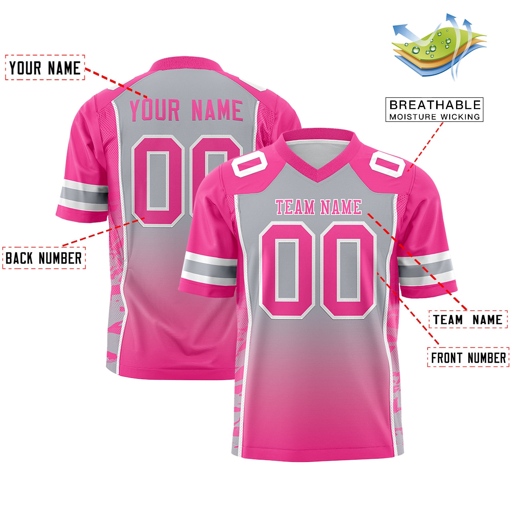 Custom Gray Pink Gradient Personalized Side Pattern Authentic Football Jersey