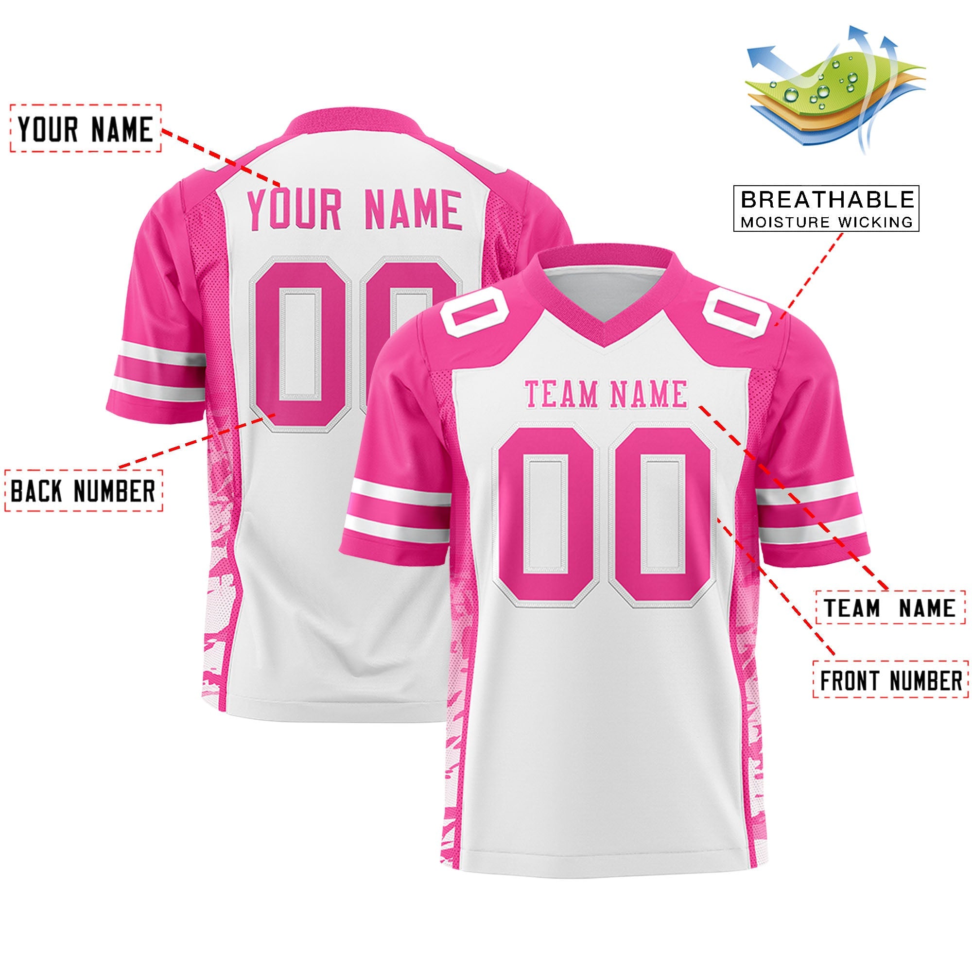 Custom White Pink-White Raglan Sleeves Personalized Side Pattern Authentic Football Jersey