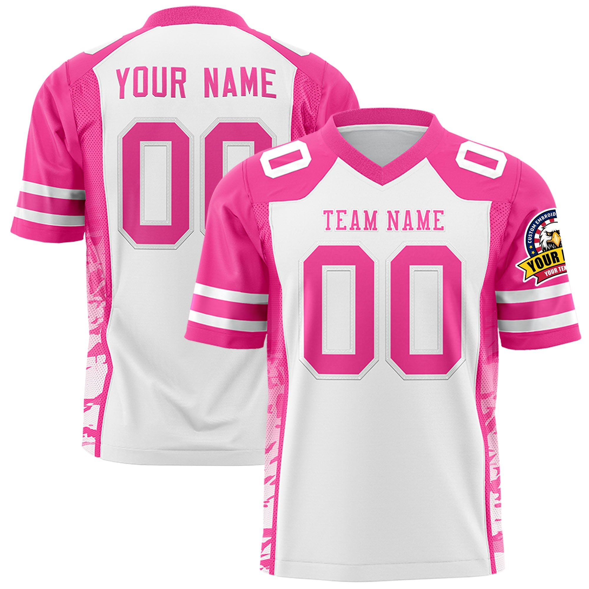 Custom White Pink-White Raglan Sleeves Personalized Side Pattern Authentic Football Jersey