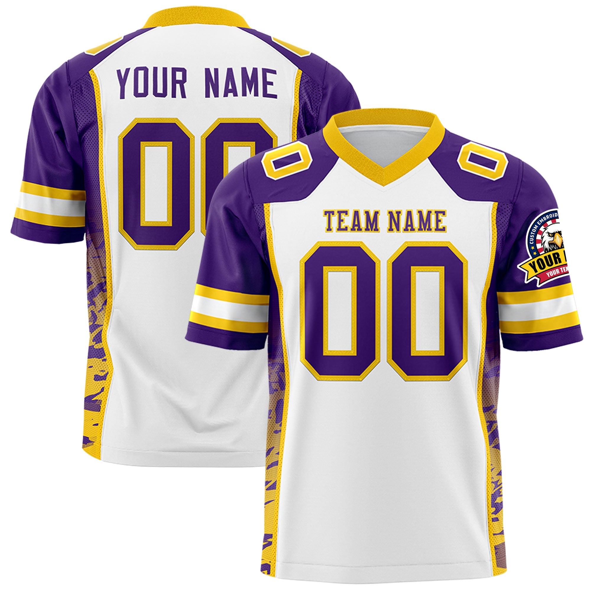 Custom White Purple-Gold Raglan Sleeves Personalized Side Pattern Authentic Football Jersey