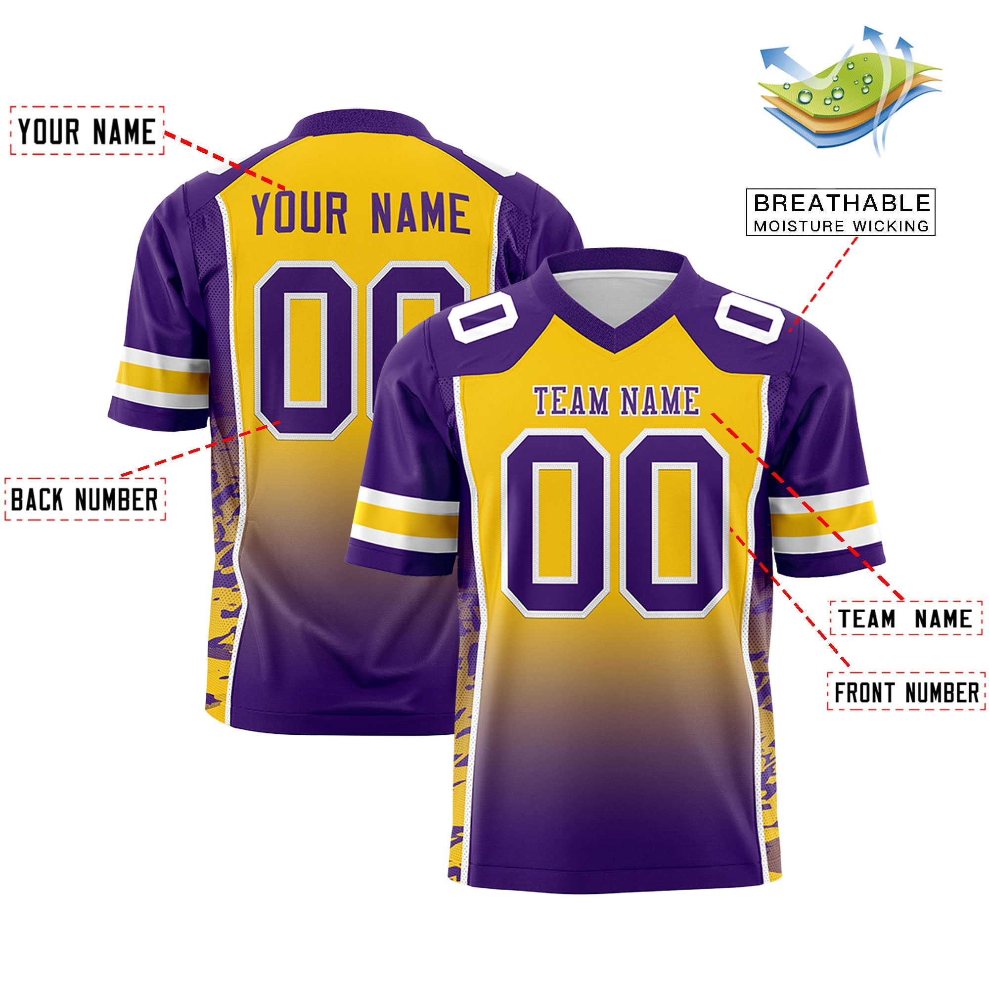 Custom Gold Purple Gradient Personalized Side Pattern Authentic Football Jersey