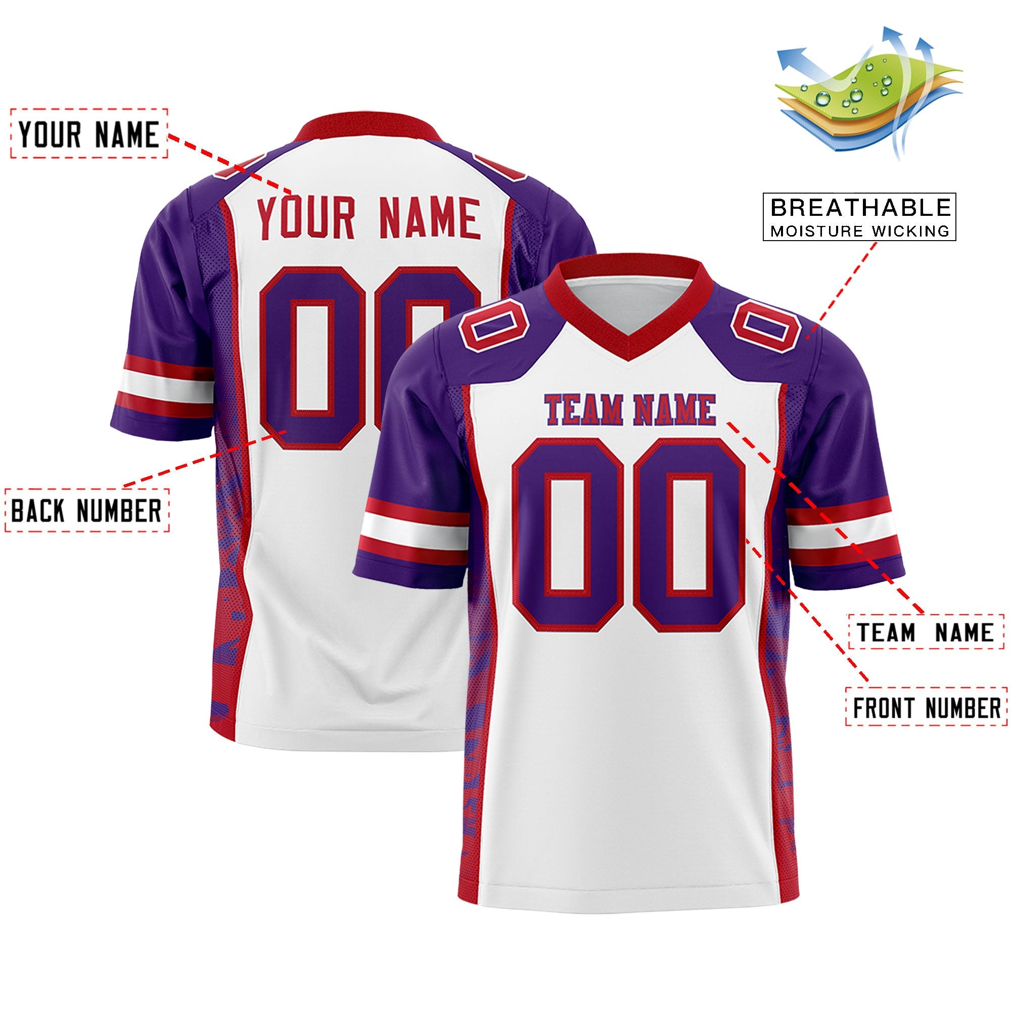 Custom White Purple-Red Raglan Sleeves Personalized Side Pattern Authentic Football Jersey