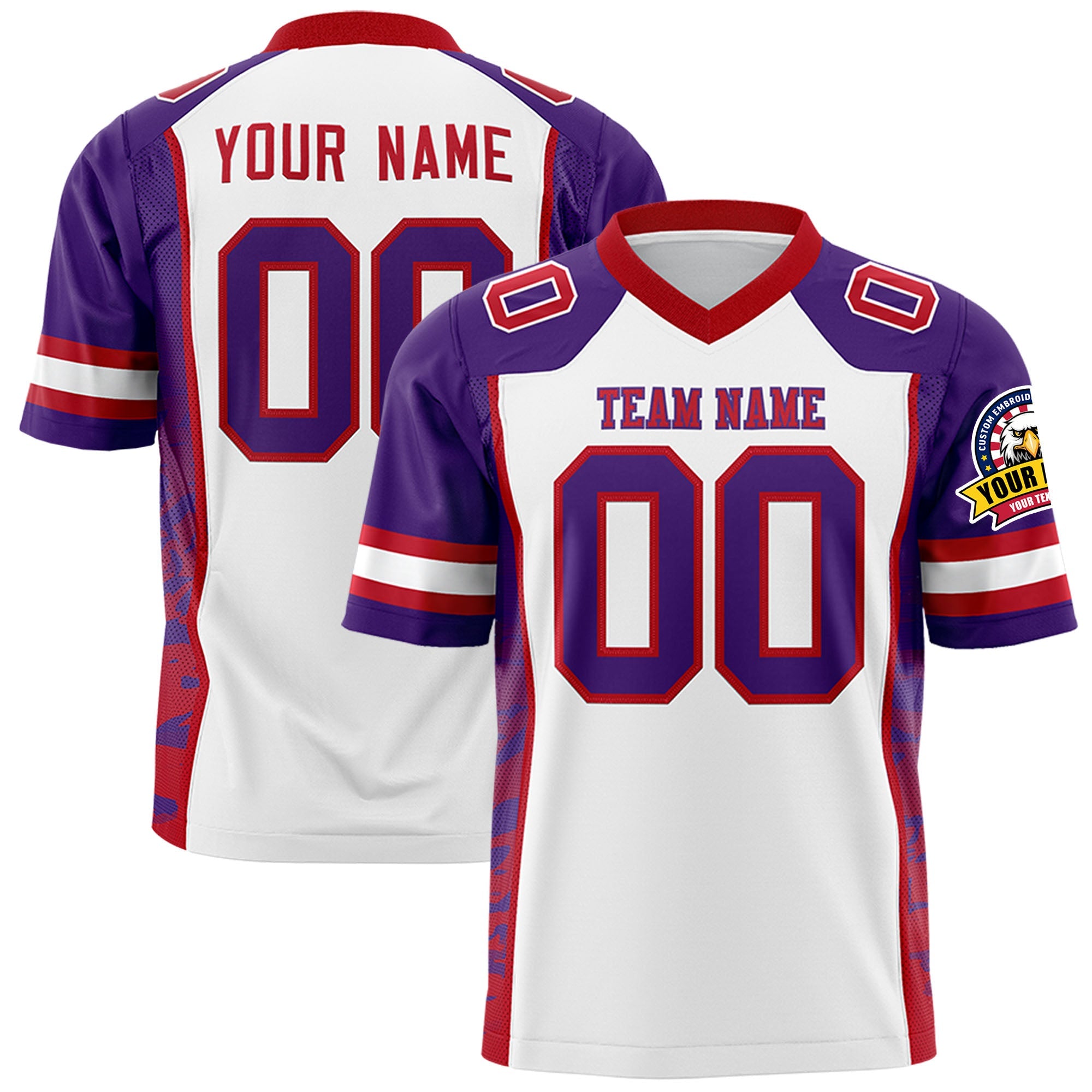 Custom White Purple-Red Raglan Sleeves Personalized Side Pattern Authentic Football Jersey