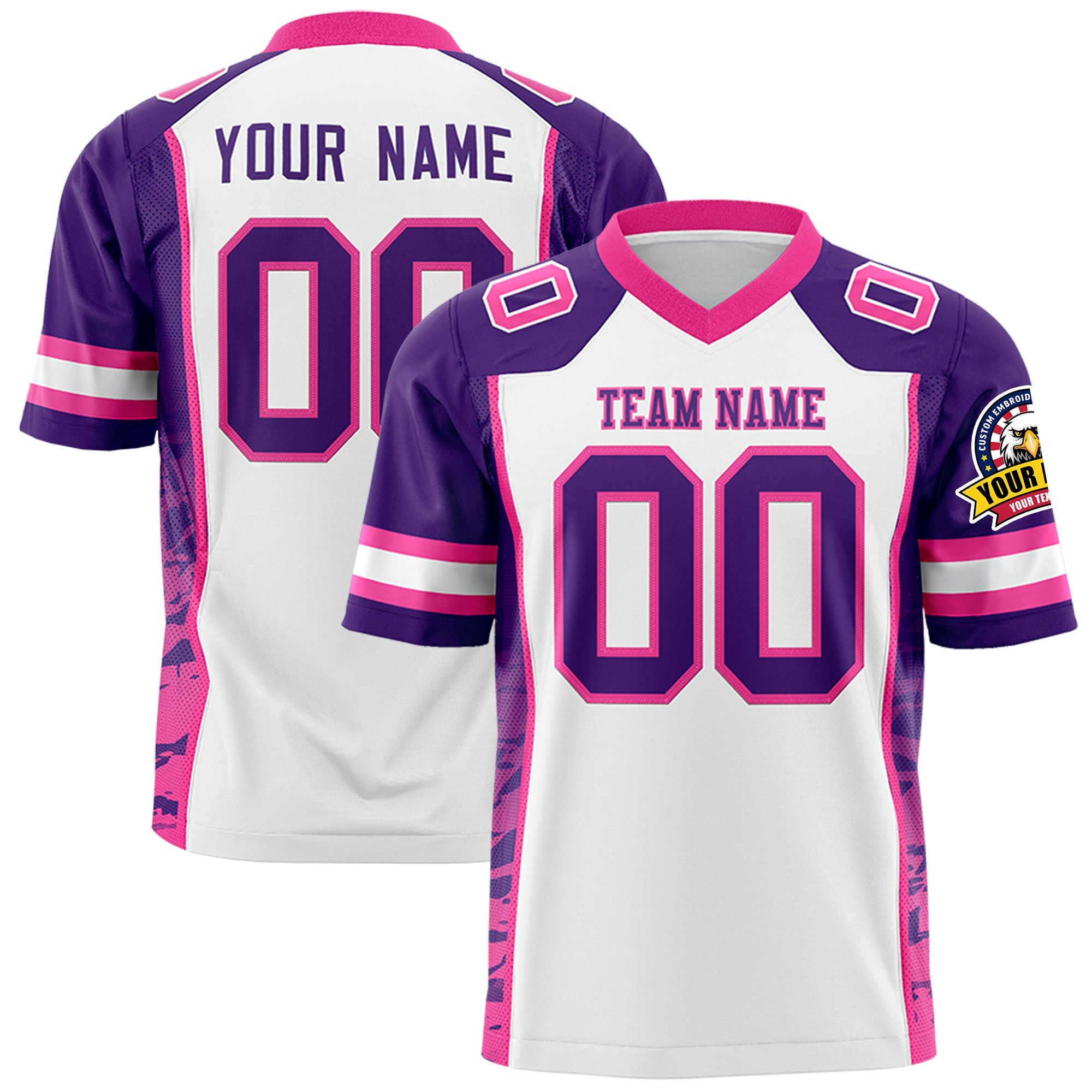 Custom White Purple-Pink Raglan Sleeves Personalized Side Pattern Authentic Football Jersey