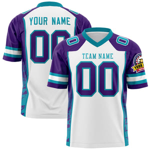 Custom White Purple-Teal Raglan Sleeves Personalized Side Pattern Authentic Football Jersey