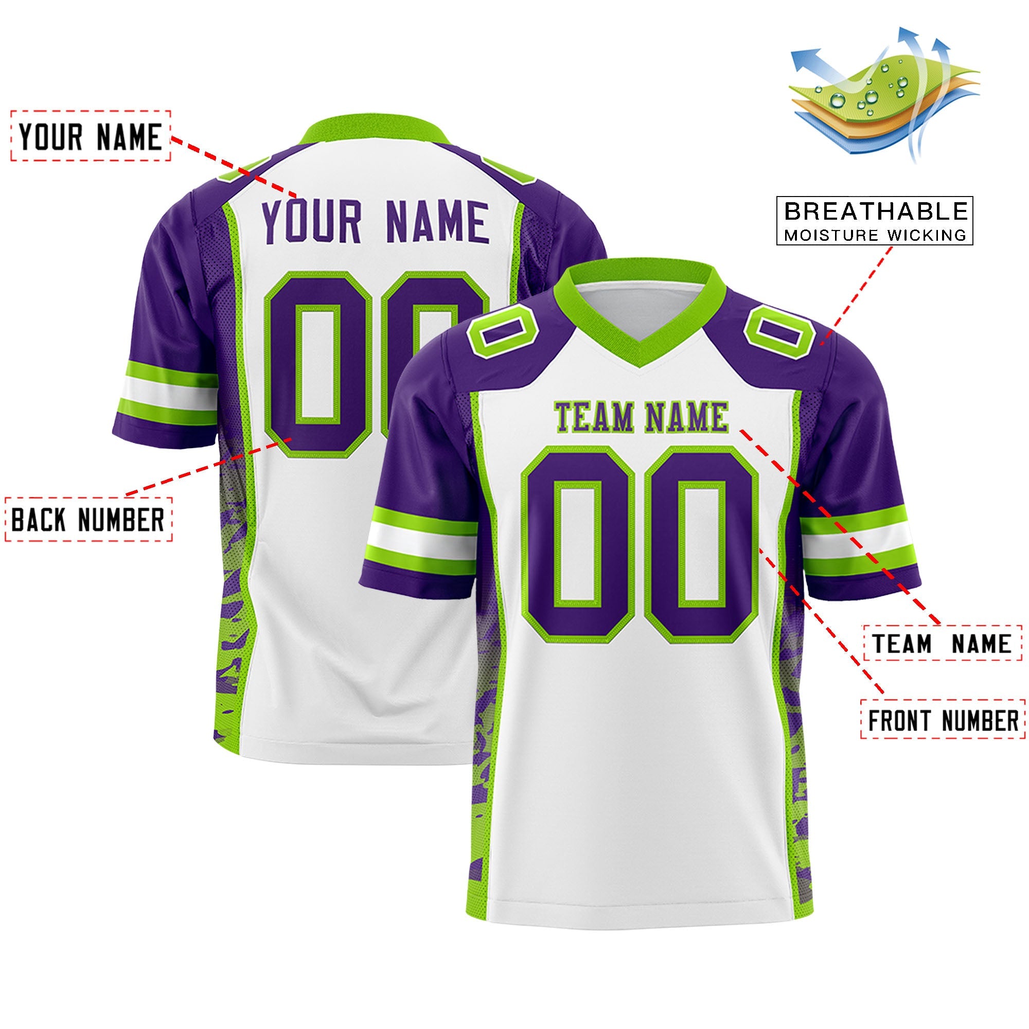 Custom White Purple-Neon Green Raglan Sleeves Personalized Side Pattern Authentic Football Jersey