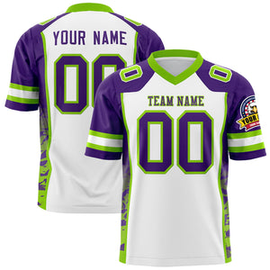 Custom White Purple-Neon Green Raglan Sleeves Personalized Side Pattern Authentic Football Jersey