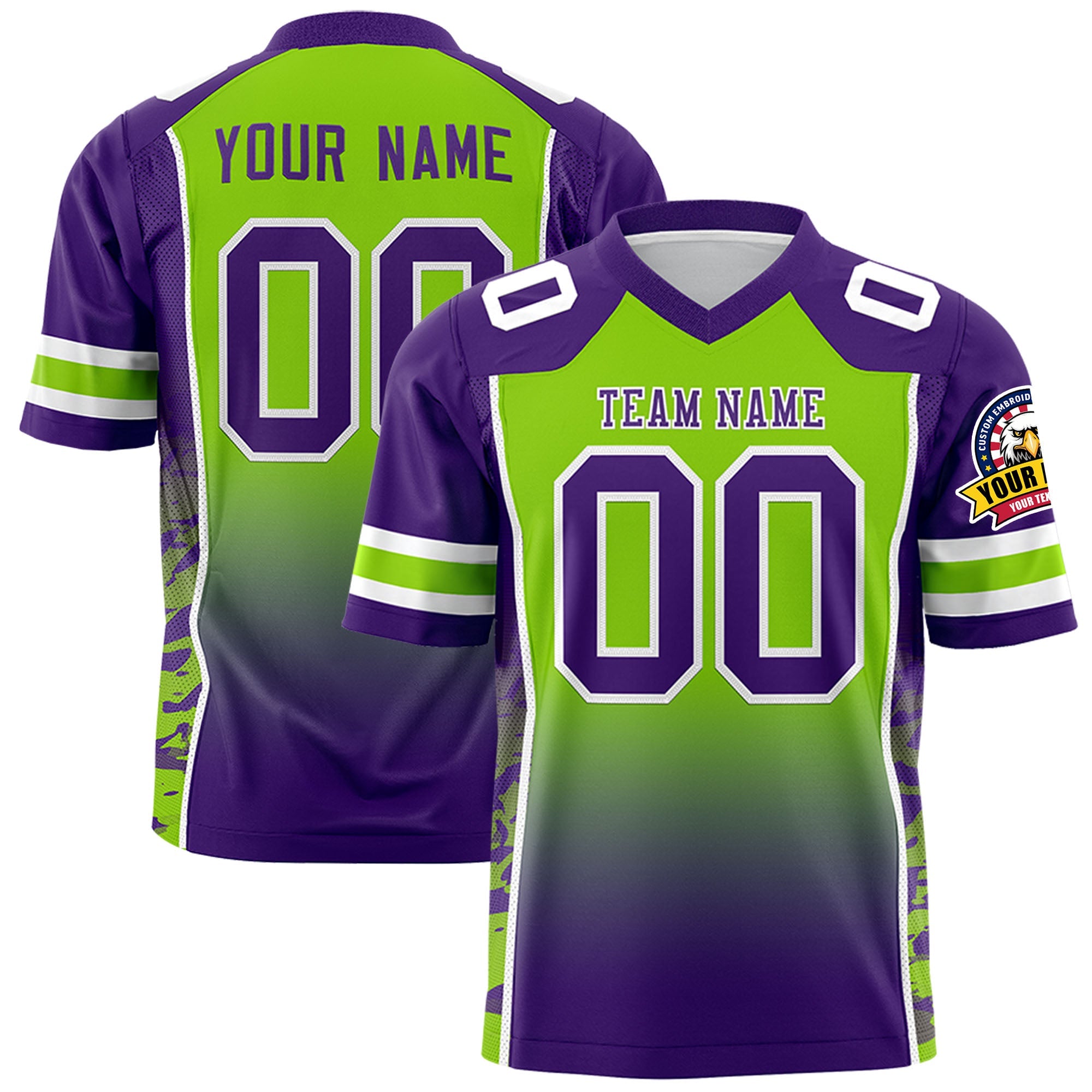 Custom Neon Green Purple Gradient Personalized Side Pattern Authentic Football Jersey