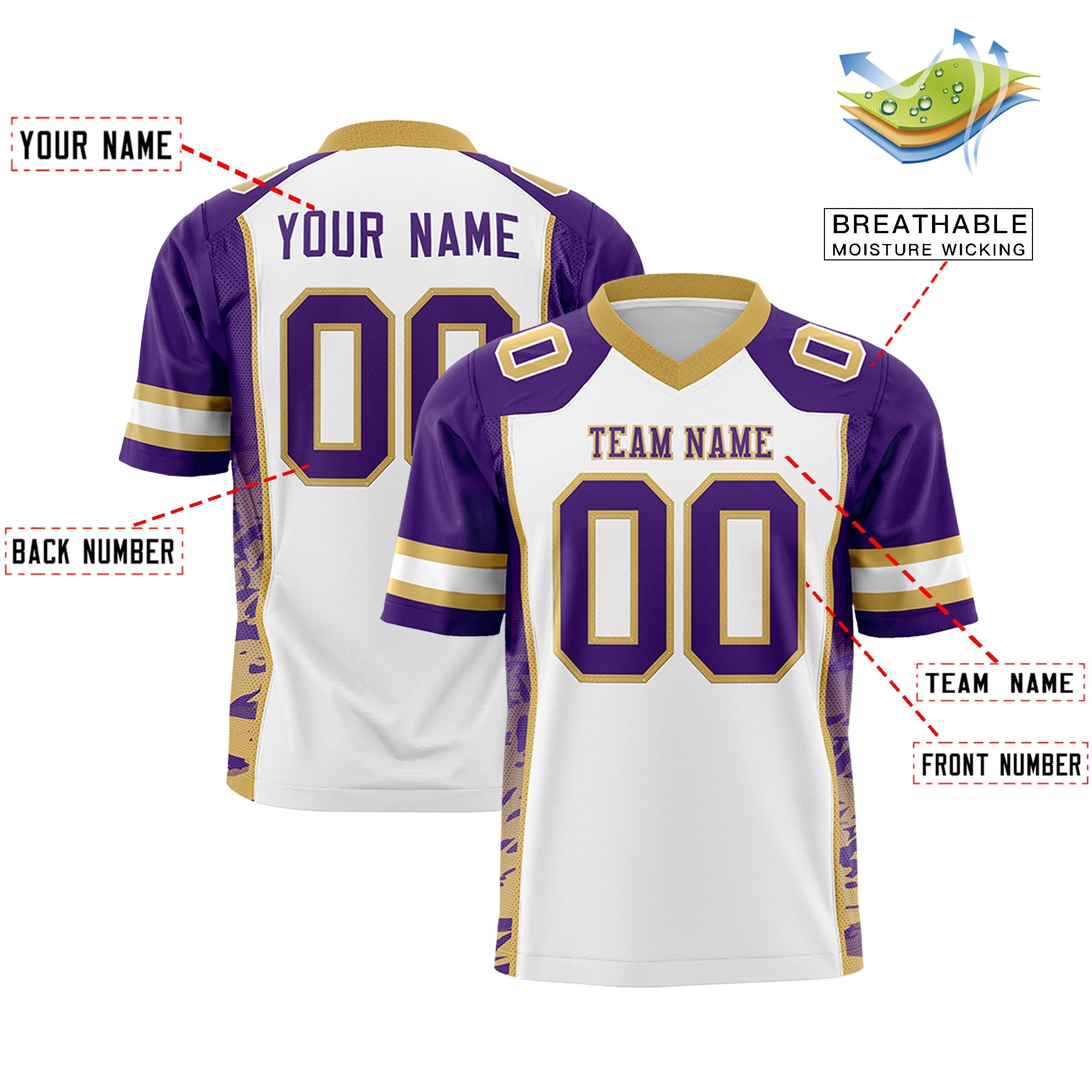 Custom White Purple-Old Gold Raglan Sleeves Personalized Side Pattern Authentic Football Jersey