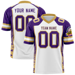 Custom White Purple-Old Gold Raglan Sleeves Personalized Side Pattern Authentic Football Jersey