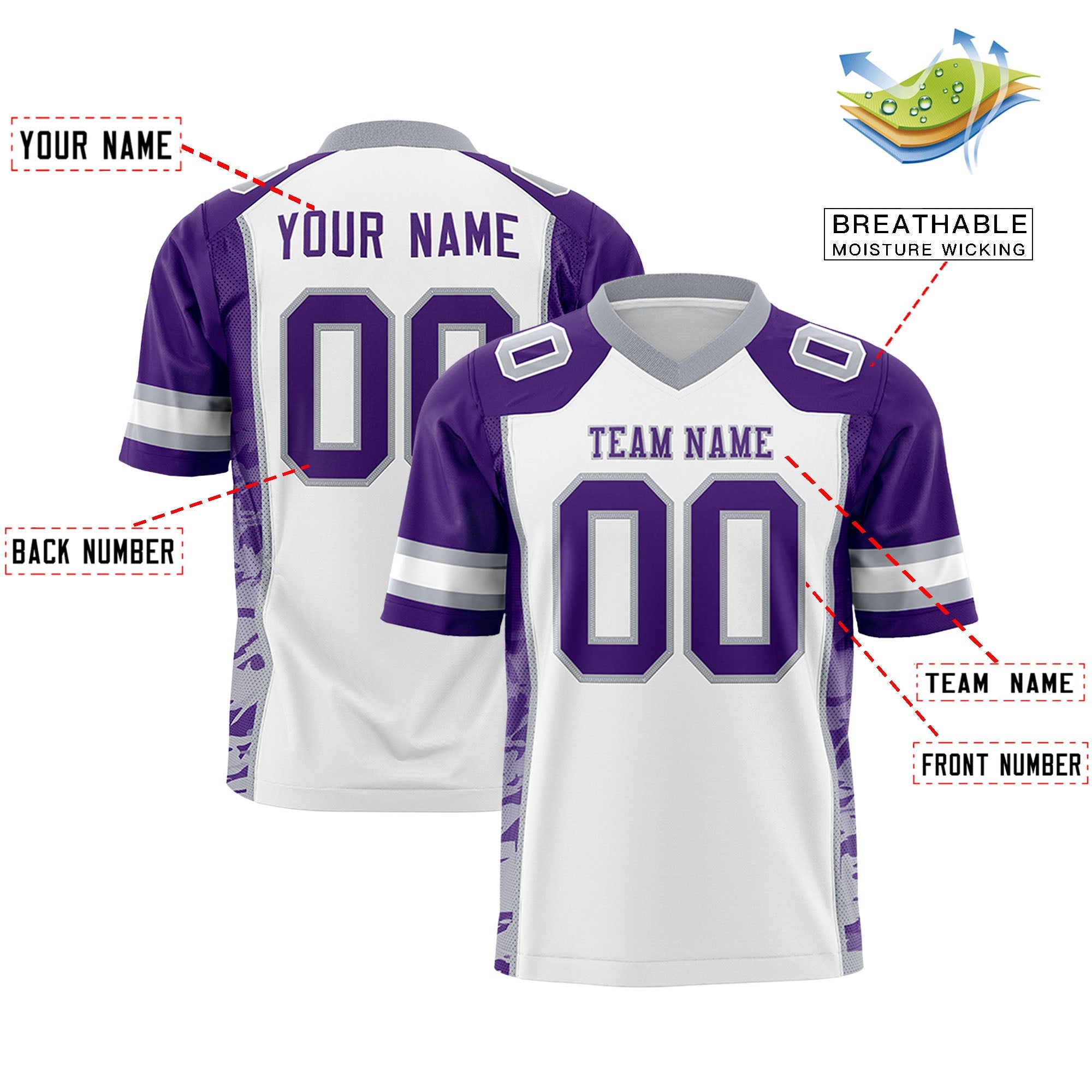 Custom White Purple-Gray Raglan Sleeves Personalized Side Pattern Authentic Football Jersey