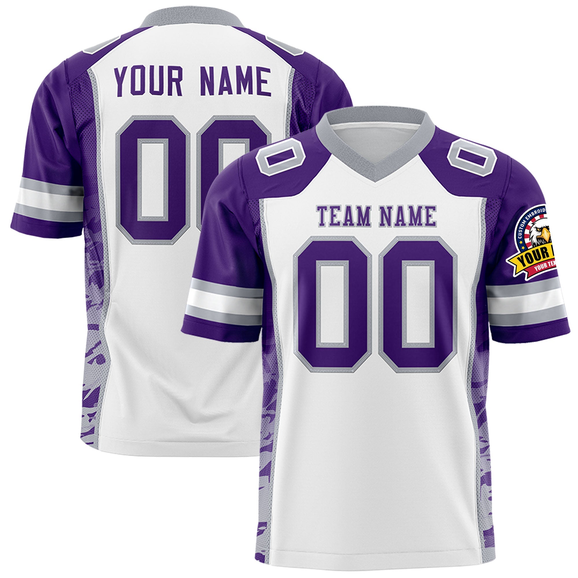 Custom White Purple-Gray Raglan Sleeves Personalized Side Pattern Authentic Football Jersey