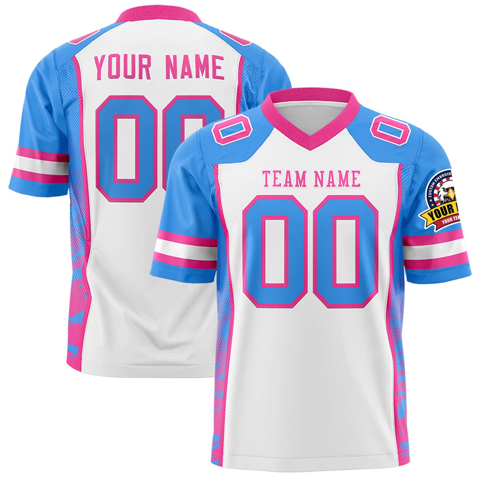 Custom White Powder Blue-Pink Raglan Sleeves Personalized Side Pattern Authentic Football Jersey