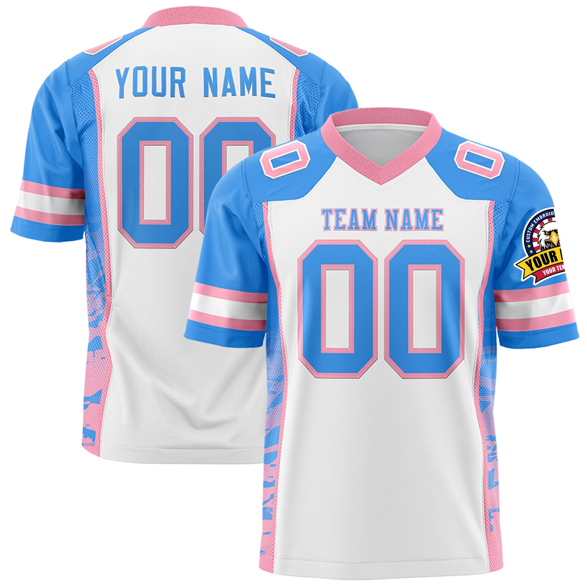 Custom White Powder Blue-Light Pink Raglan Sleeves Personalized Side Pattern Authentic Football Jersey