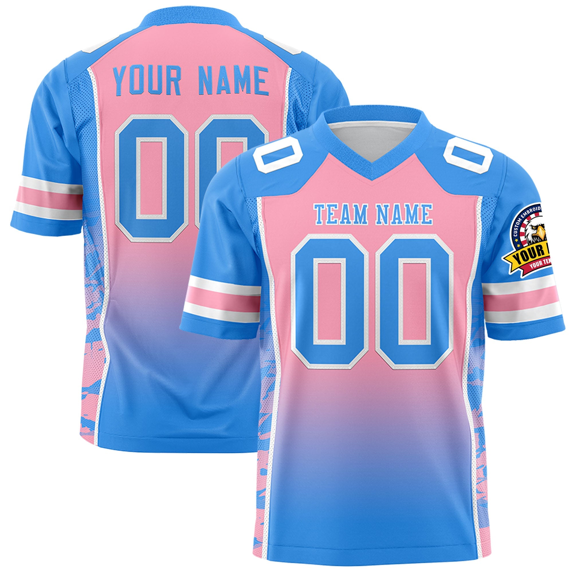 Custom Light Pink Powder Blue Gradient Personalized Side Pattern Authentic Football Jersey