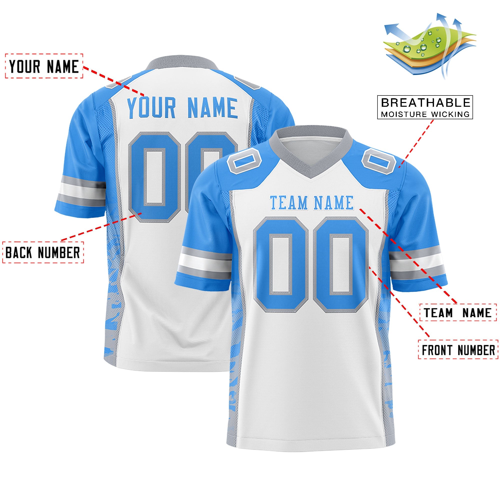 Custom White Powder Blue-Gray Raglan Sleeves Personalized Side Pattern Authentic Football Jersey