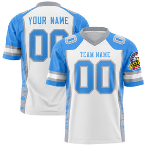 Custom White Powder Blue-Gray Raglan Sleeves Personalized Side Pattern Authentic Football Jersey