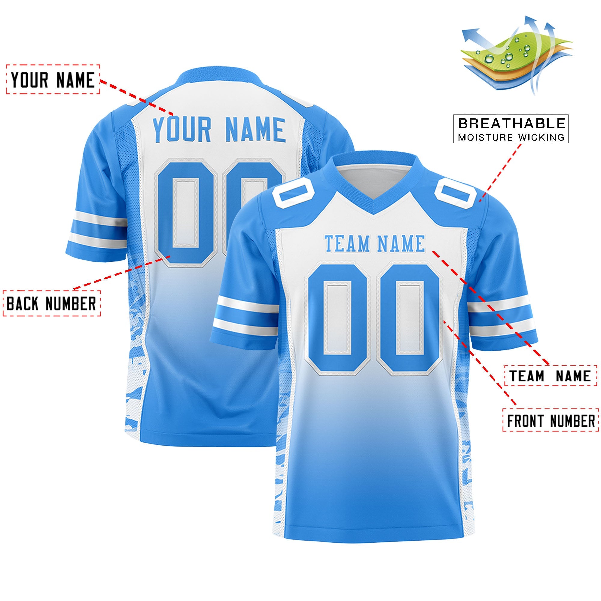 Custom White Powder Blue Gradient Personalized Side Pattern Authentic Football Jersey