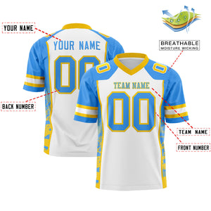 Custom White Powder Blue-Gold Raglan Sleeves Personalized Side Pattern Authentic Football Jersey