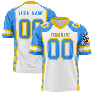 Custom White Powder Blue-Gold Raglan Sleeves Personalized Side Pattern Authentic Football Jersey