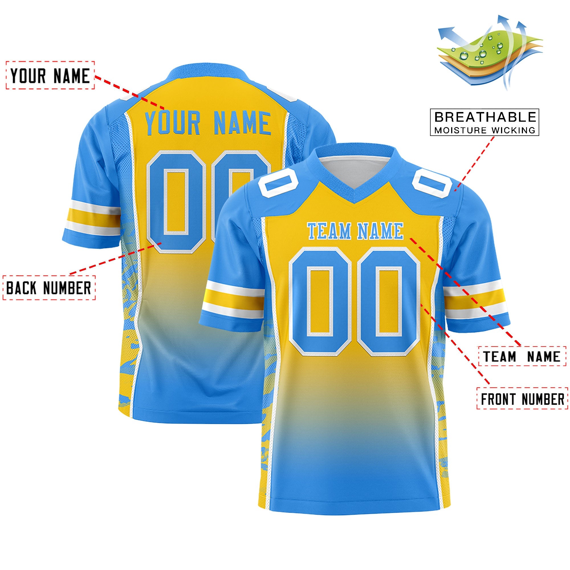 Custom Gold Powder Blue Gradient Personalized Side Pattern Authentic Football Jersey