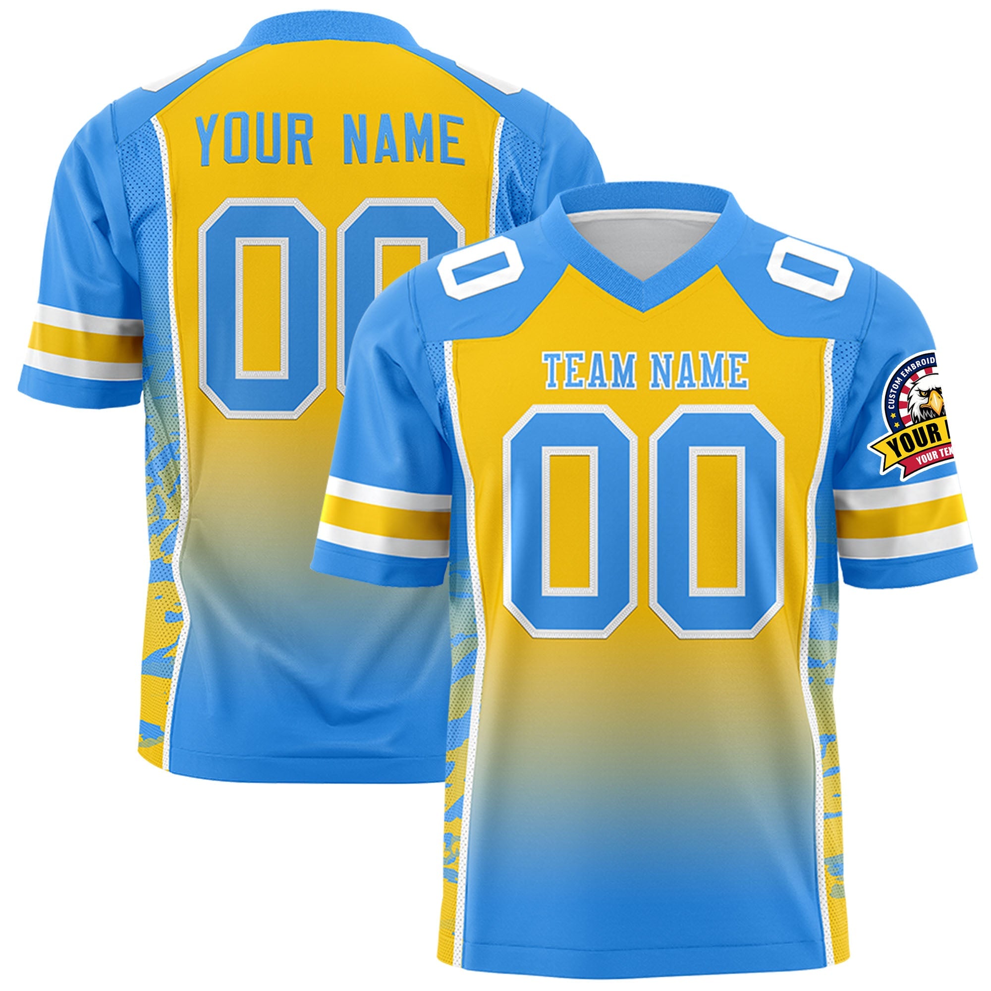 Custom Gold Powder Blue Gradient Personalized Side Pattern Authentic Football Jersey