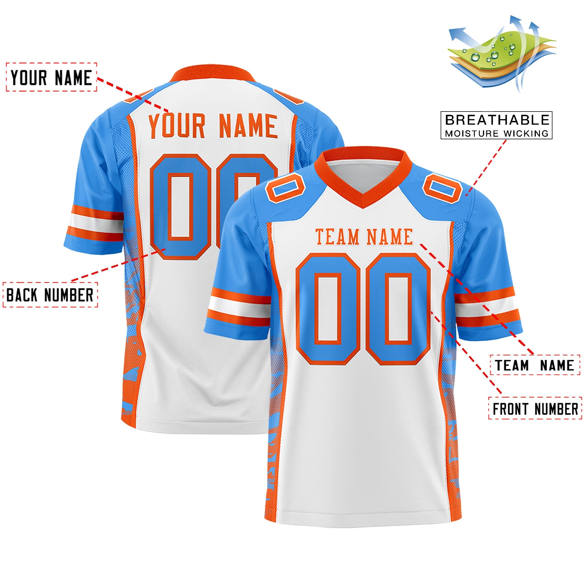 Custom White Powder Blue-Orange Raglan Sleeves Personalized Side Pattern Authentic Football Jersey