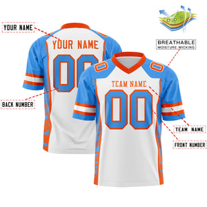 Custom White Powder Blue-Orange Raglan Sleeves Personalized Side Pattern Authentic Football Jersey