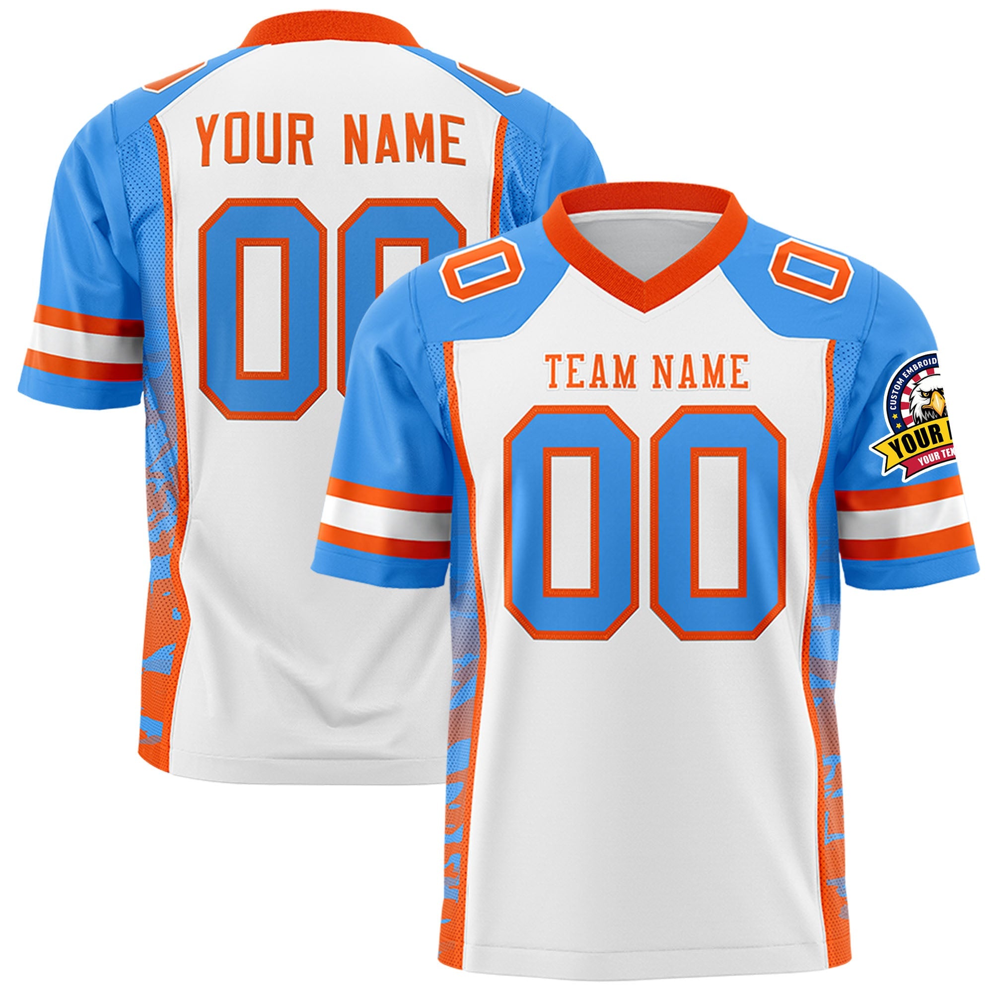 Custom White Powder Blue-Orange Raglan Sleeves Personalized Side Pattern Authentic Football Jersey