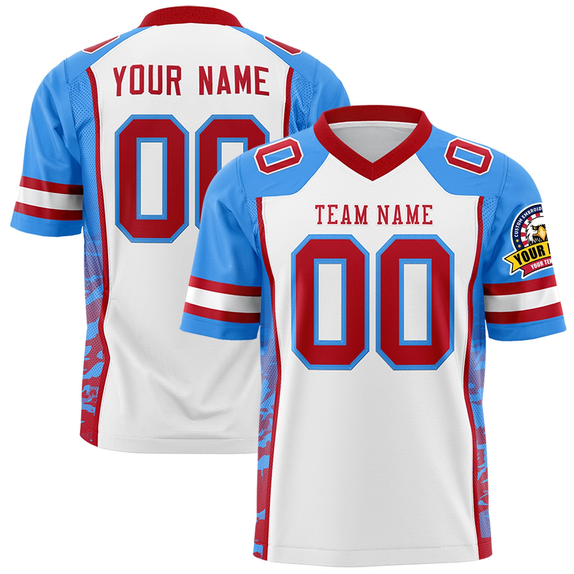 Custom White Powder Blue-Red Raglan Sleeves Personalized Side Pattern Authentic Football Jersey