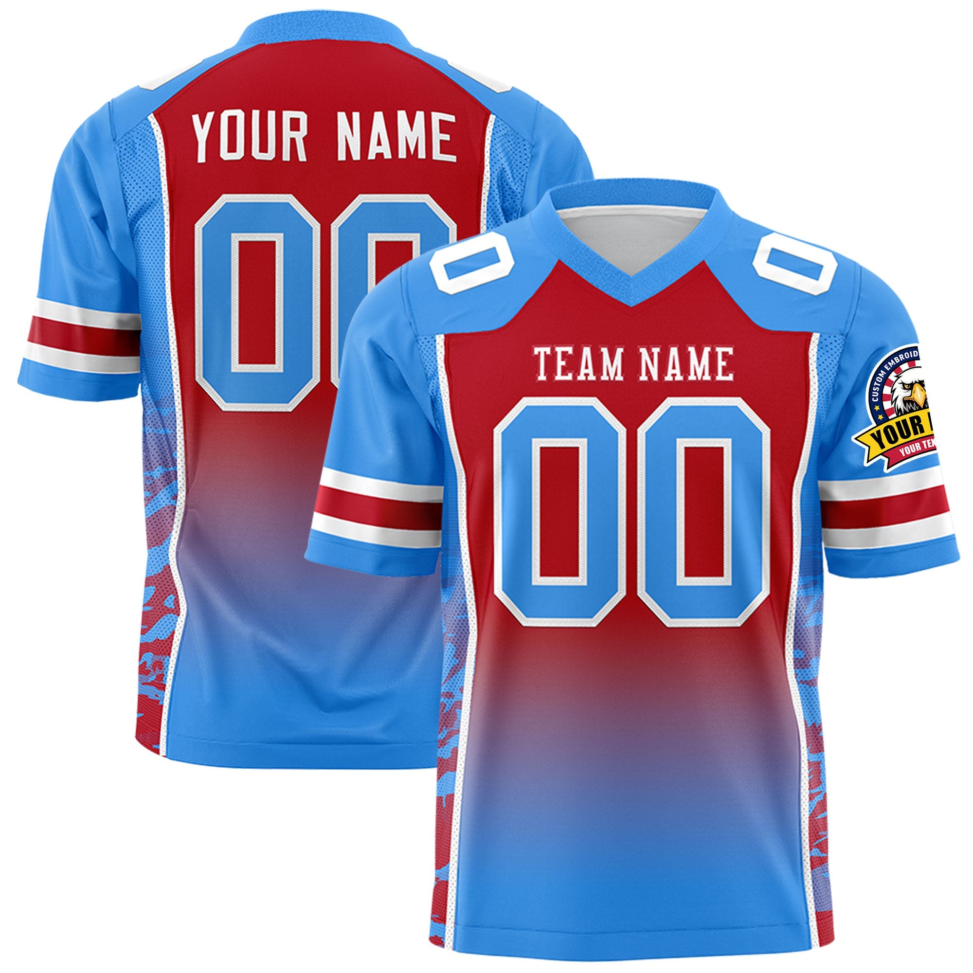 Custom Red Powder Blue Gradient Personalized Side Pattern Authentic Football Jersey