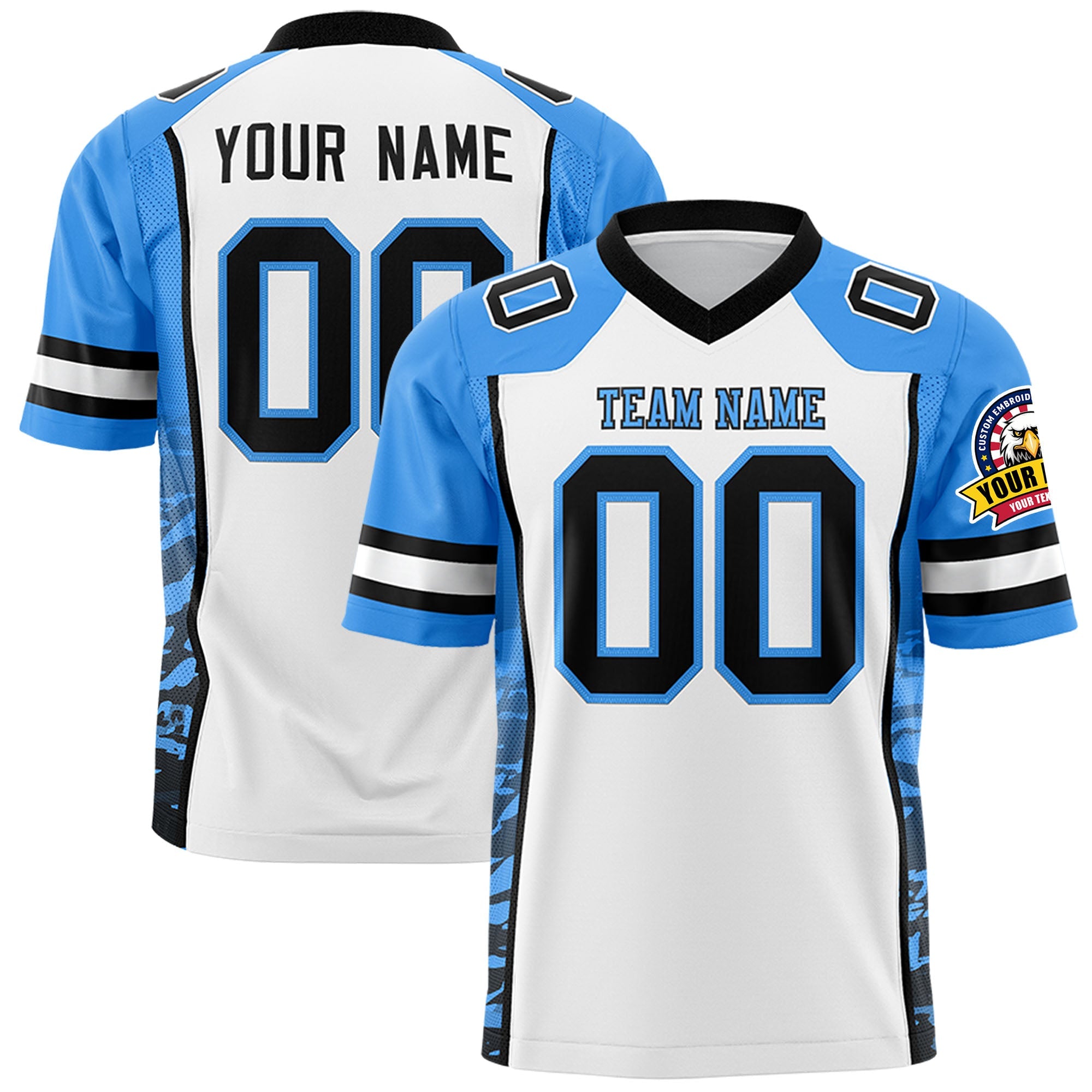 Custom White Powder Blue-Black Raglan Sleeves Personalized Side Pattern Authentic Football Jersey