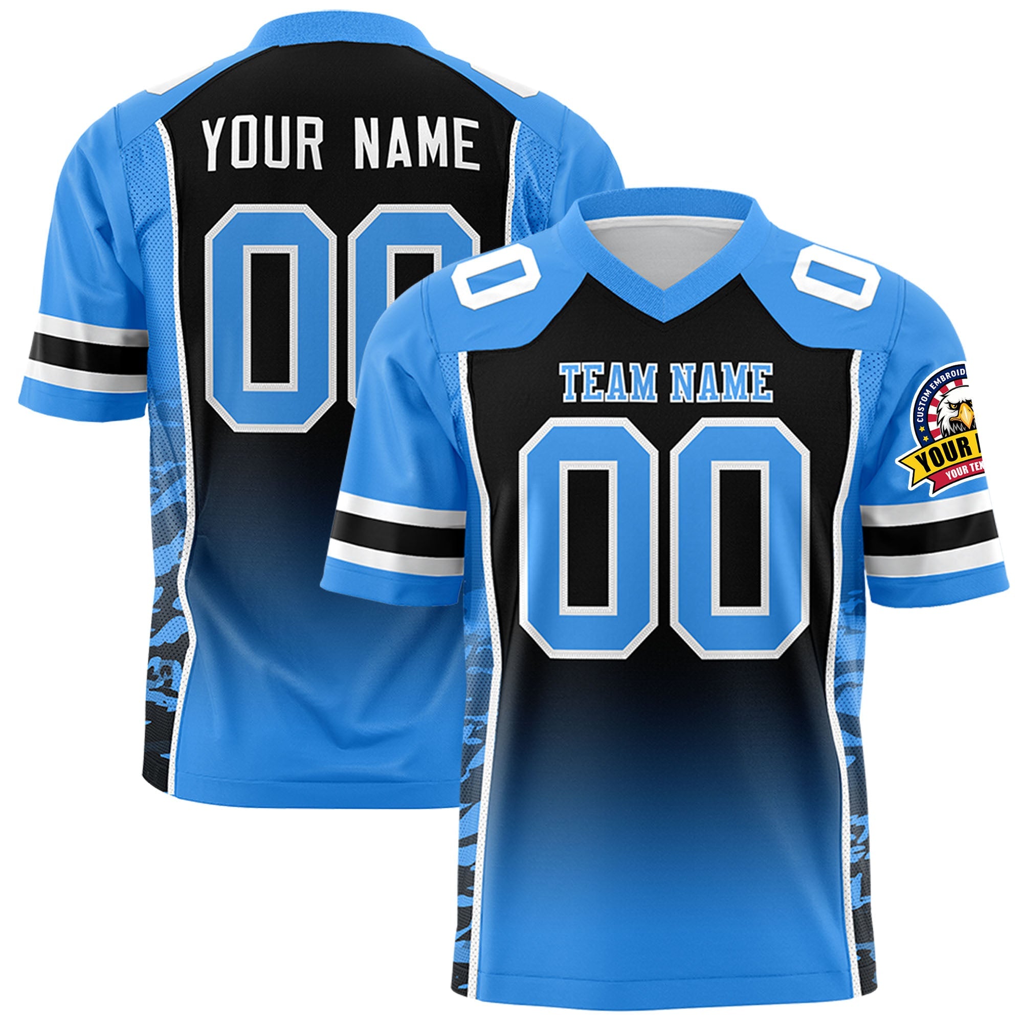 Custom Black Powder Blue Gradient Personalized Side Pattern Authentic Football Jersey