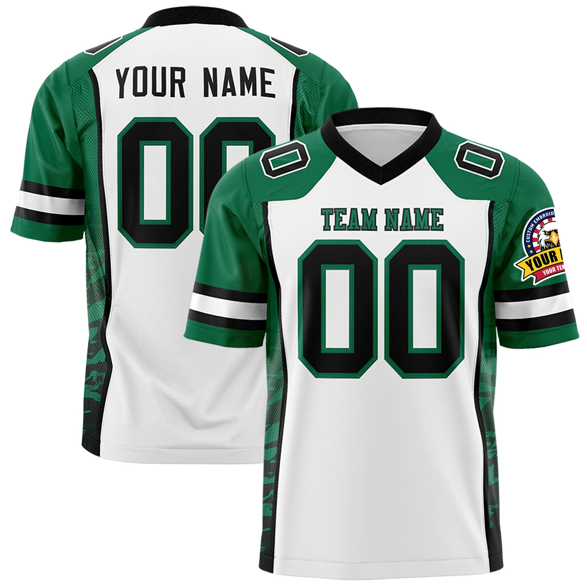 Custom White Kelly Green-Black Raglan Sleeves Personalized Side Pattern Authentic Football Jersey