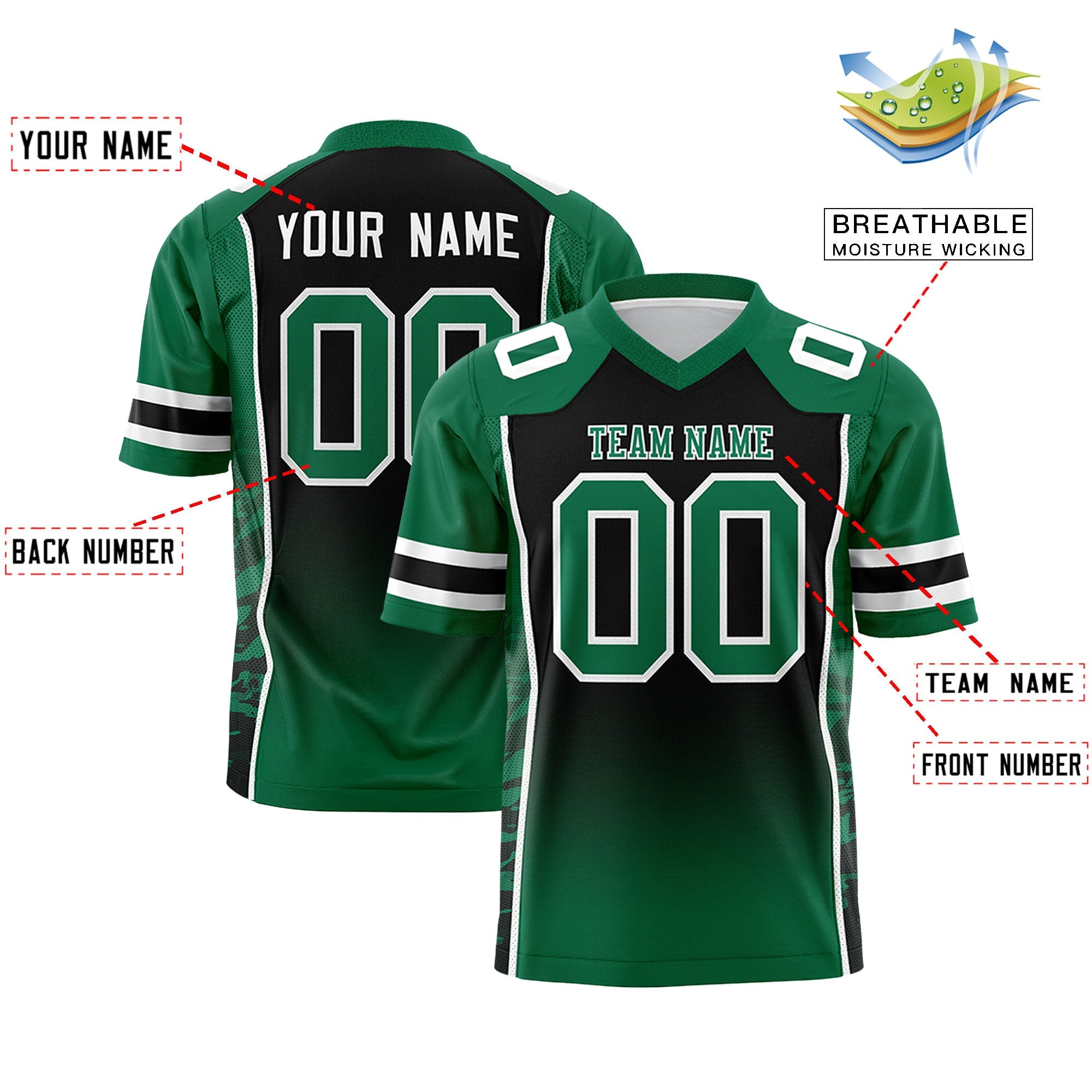 Custom Black Kelly Green Gradient Personalized Side Pattern Authentic Football Jersey