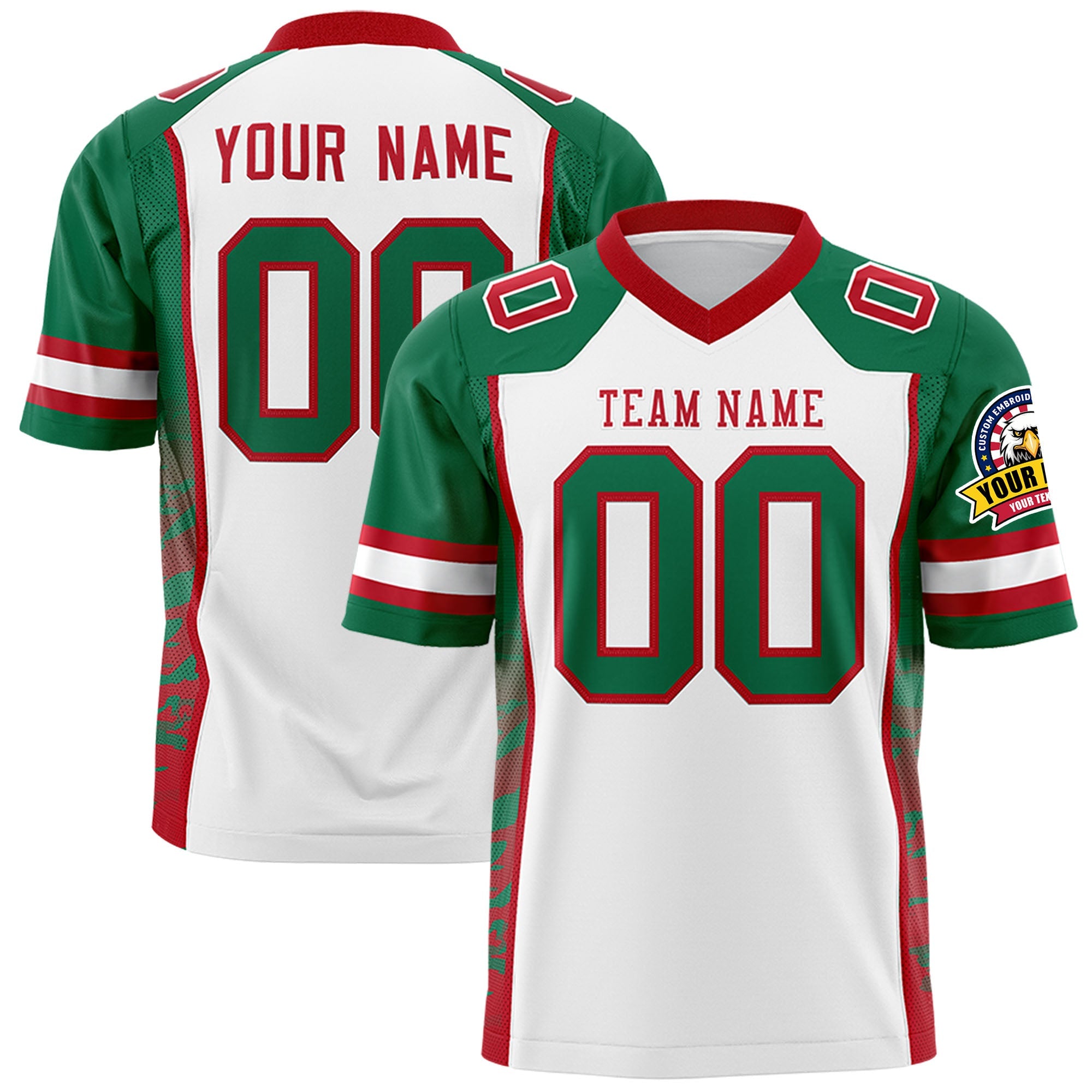 Custom White Kelly Green-Red Raglan Sleeves Personalized Side Pattern Authentic Football Jersey