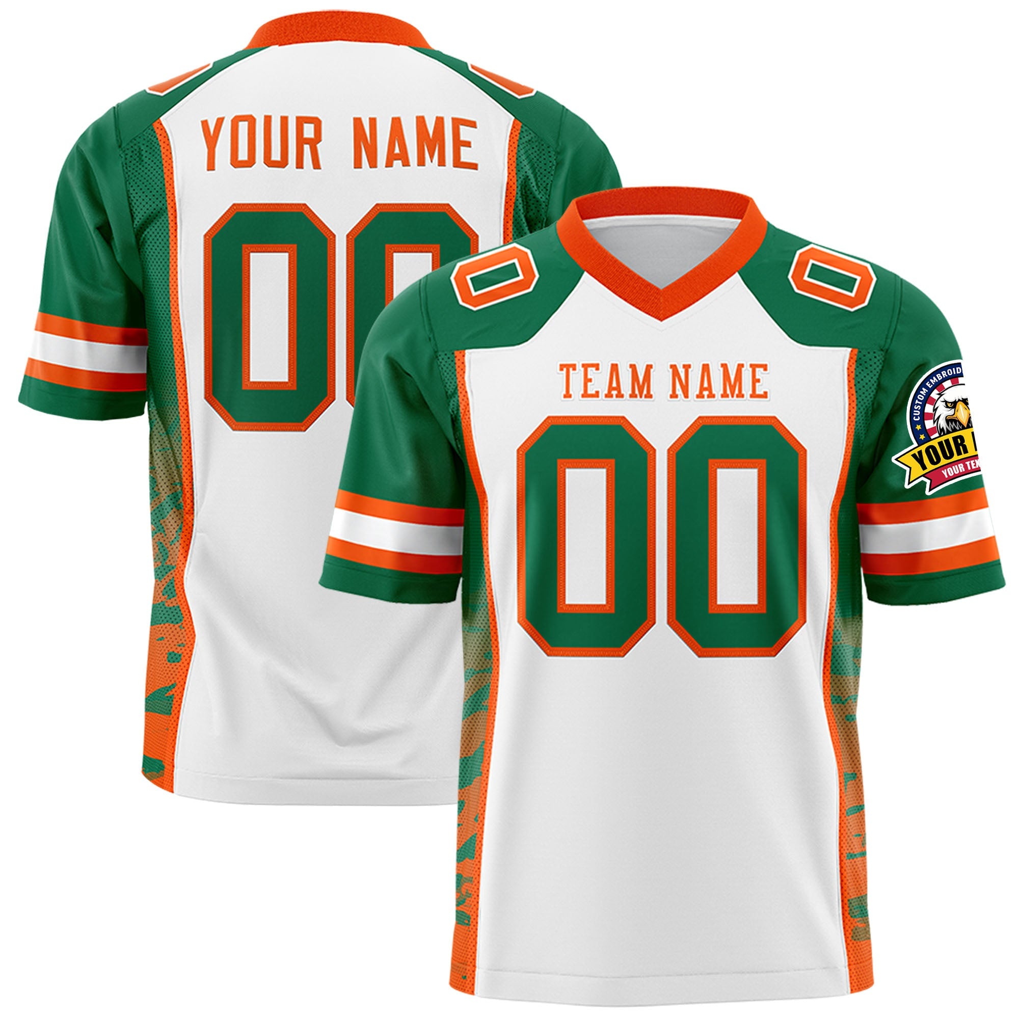 Custom White Kelly Green-Orange Raglan Sleeves Personalized Side Pattern Authentic Football Jersey